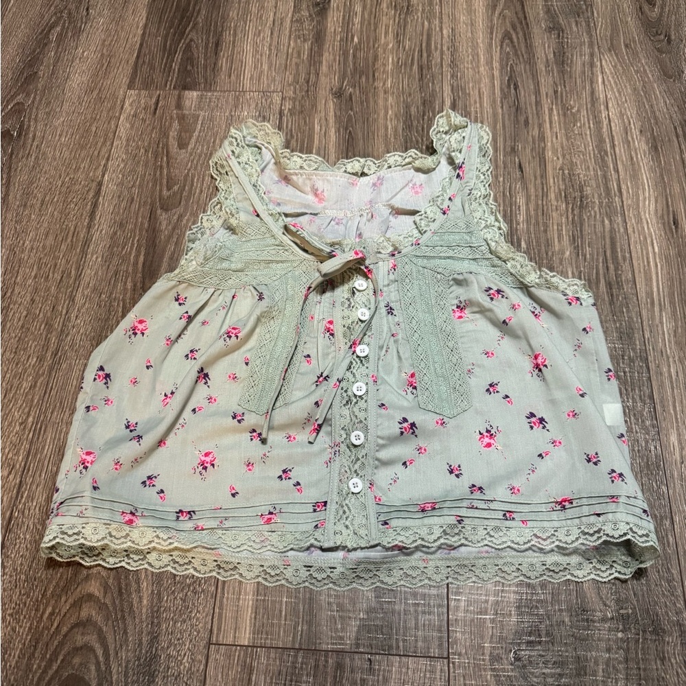 Floral Lace Sleeveless Camisole Tank Top M Light Green Pink Purple Polyester